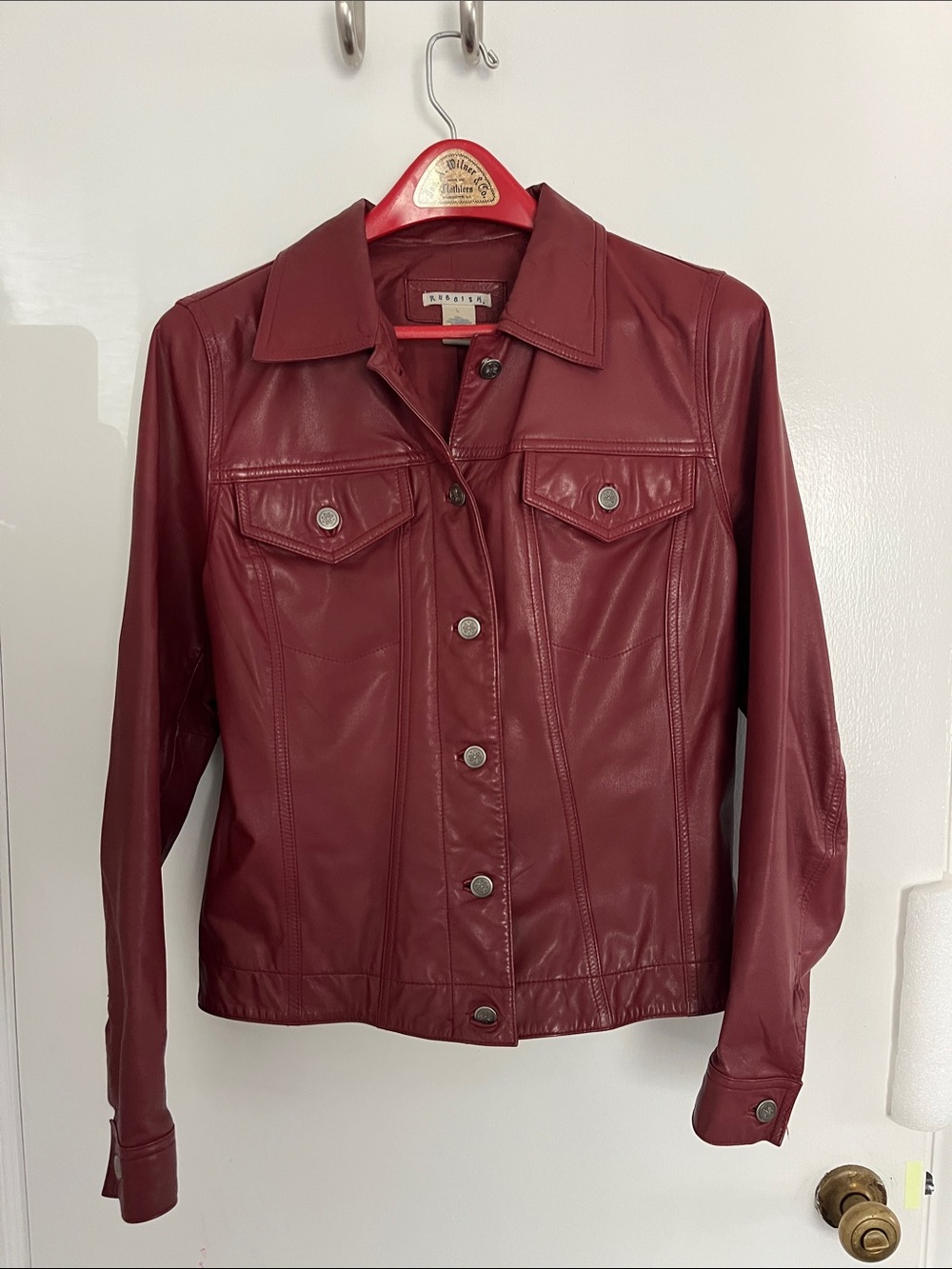 Vintage Y2K Leather Trucker Jacket in Burgundy